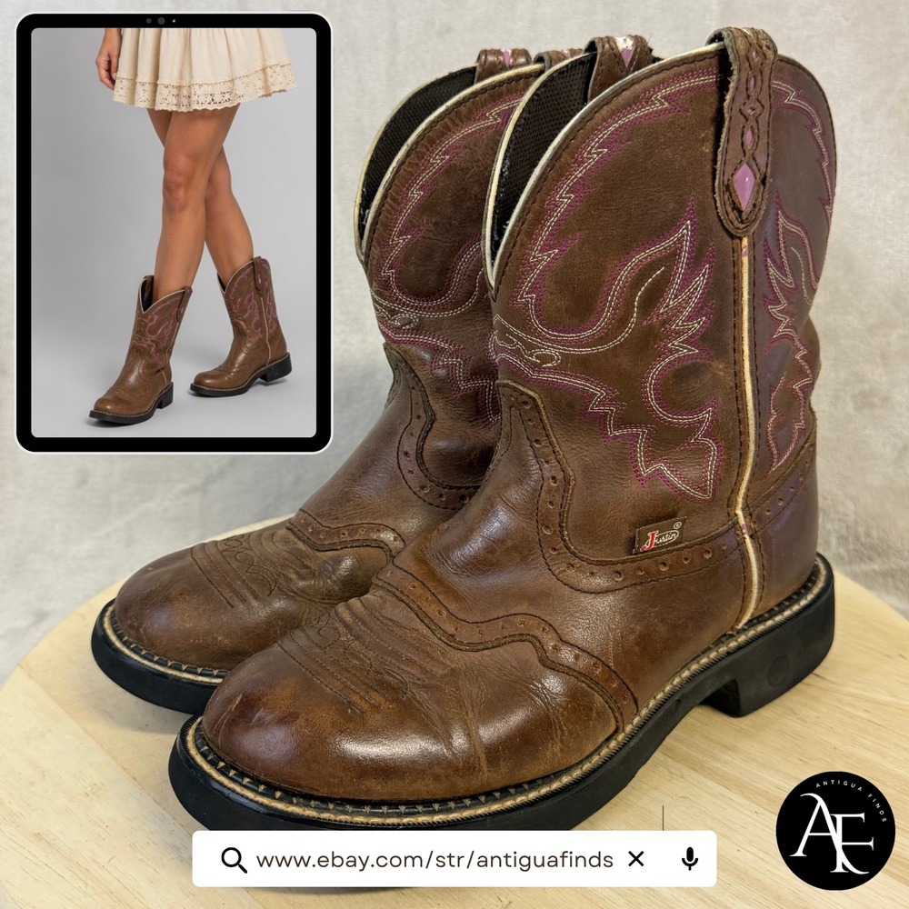 Justin Gypsy Womens Brown Leather Western Cowgirl Boots Pink Stitch L9903 Sz. 9B